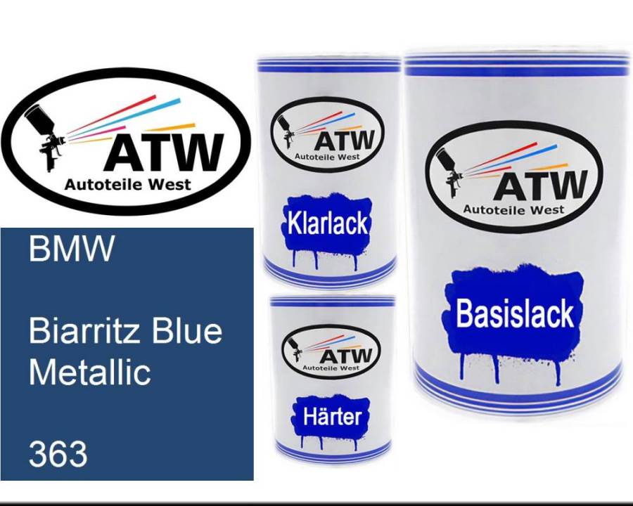 BMW, Biarritz Blue Metallic, 363: 500ml Lackdose + 500ml Klarlack + 250ml Härter - Set, von ATW Autoteile West.
